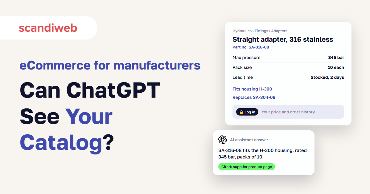 Industrial product page with specs, compatibility, and a login line, next to an AI assistant answer citing the page