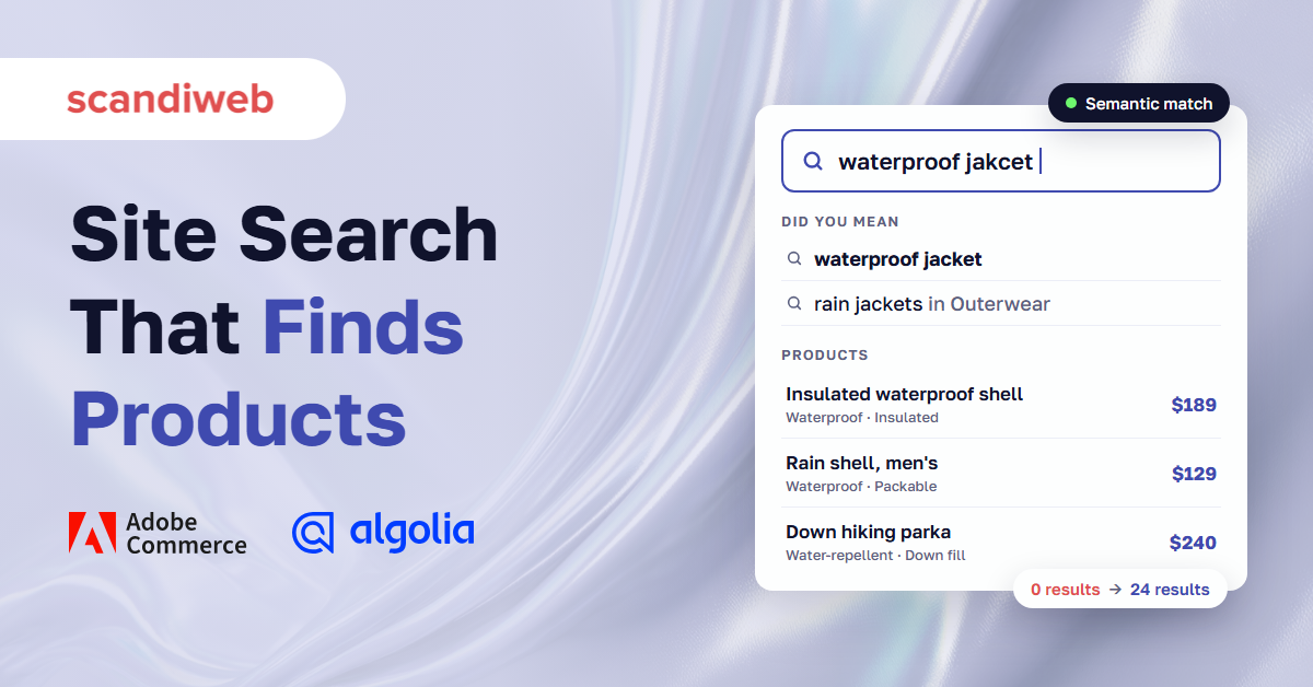 Store search box correcting a misspelled jacket query and showing semantic search results, with Adobe Commerce and Algolia logos