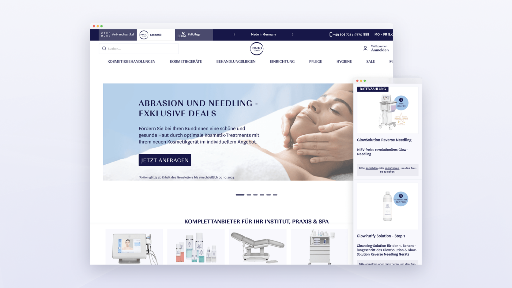 Mockup of the Ionto beauty equipment store on Magento, showing its search bar and product pages