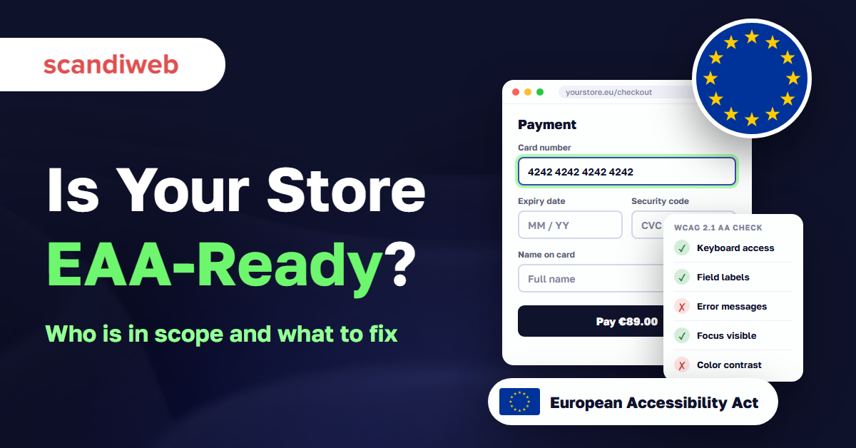 Checkout payment form with an EU flag circle and a WCAG 2.1 AA checklist showing passes and fails