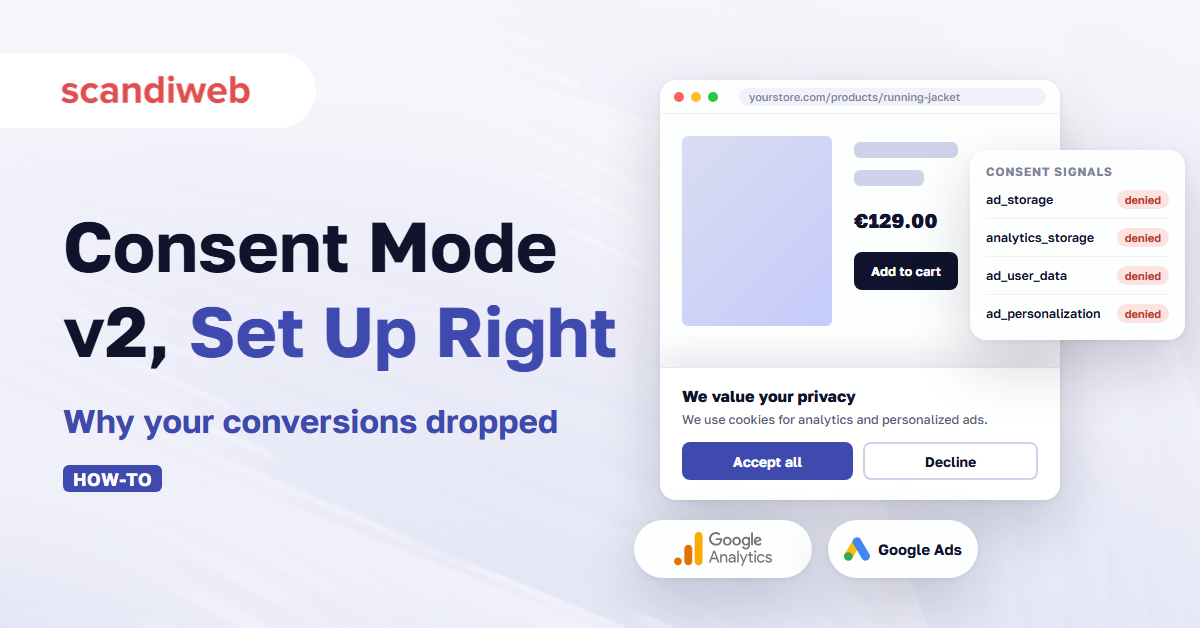 Featured image for a guide to Google Consent Mode v2 showing a cookie banner and four denied consent signals