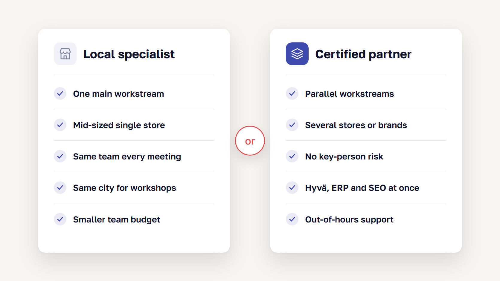 Side-by-side comparison of choosing a local Magento specialist or a larger certified Adobe Commerce partner in Australia