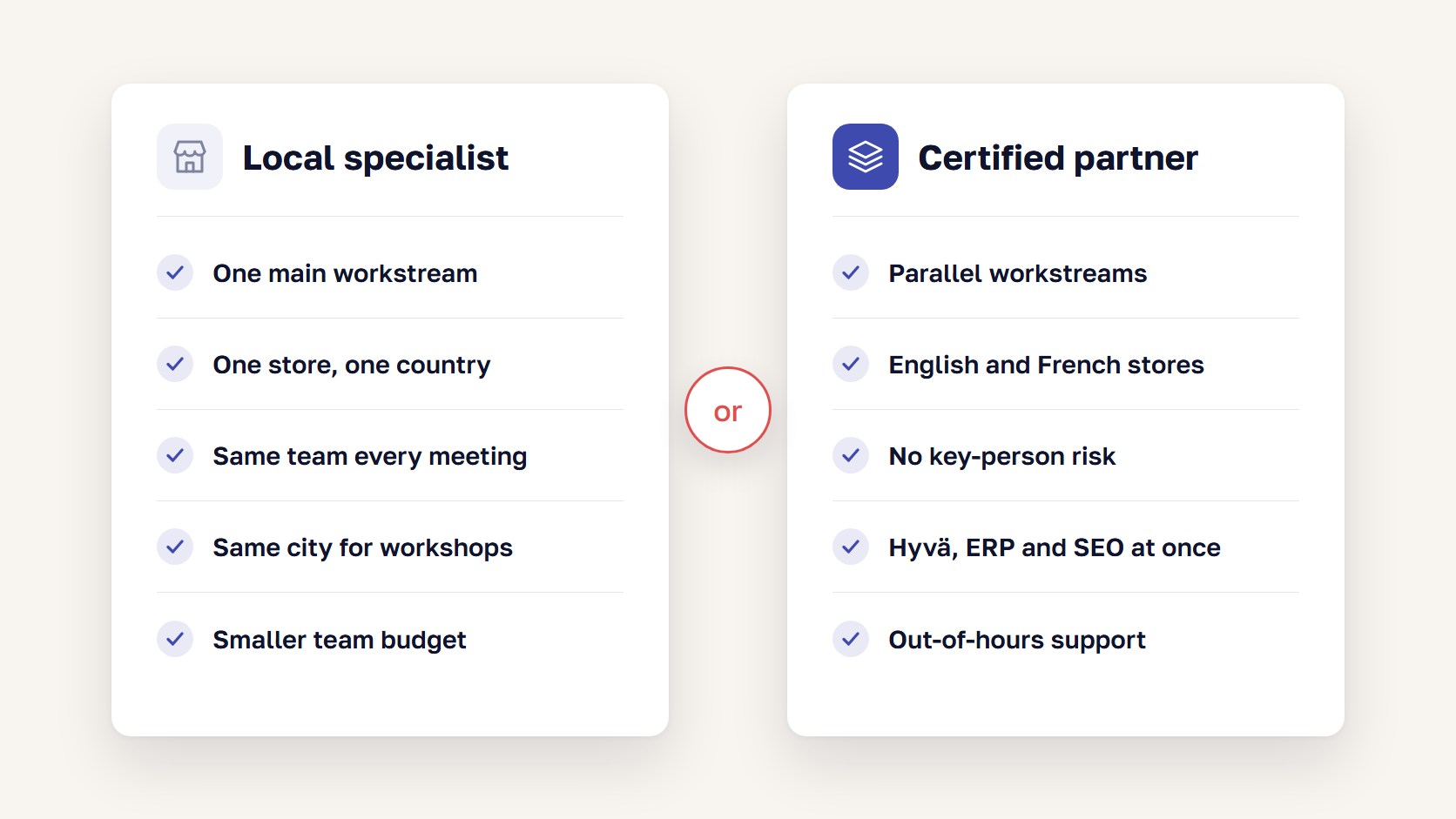 Side-by-side comparison of choosing a local Magento specialist or a larger certified Adobe Commerce partner in Canada