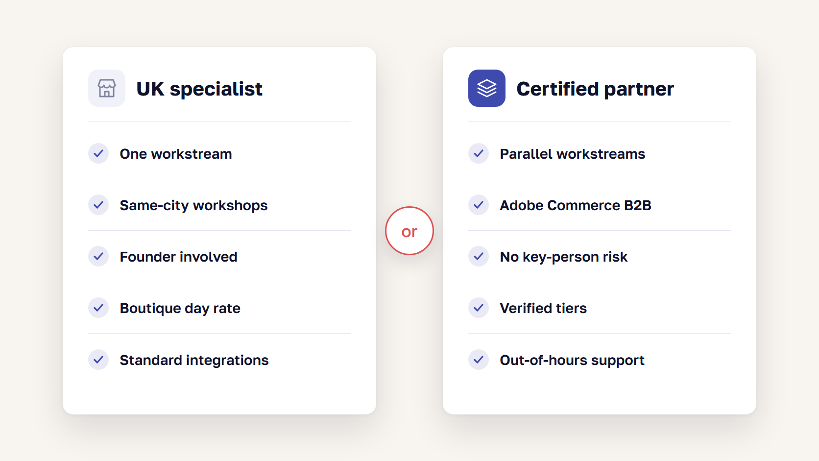 Side-by-side comparison of choosing a UK Magento specialist agency or a larger certified Adobe Commerce partner