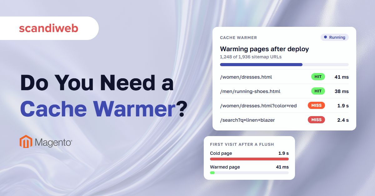 Magento cache warmer dashboard with warmed pages served in milliseconds and missed filter and search pages in seconds