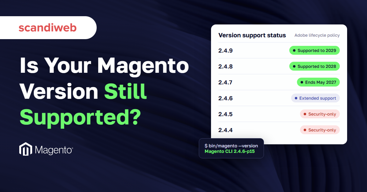 Magento version support status card for 2.4.4 to 2.4.9 next to a terminal showing bin/magento --version