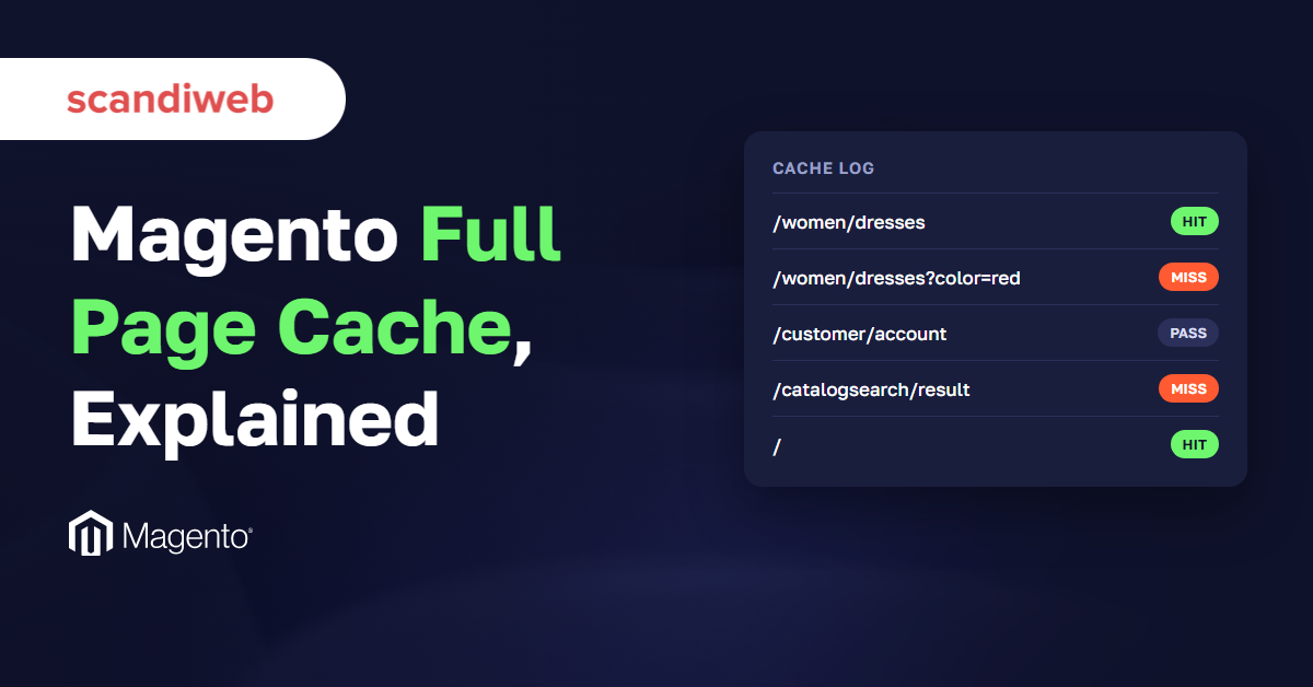 Magento full page cache log showing HIT, MISS and PASS for category, filtered, account and search URLs