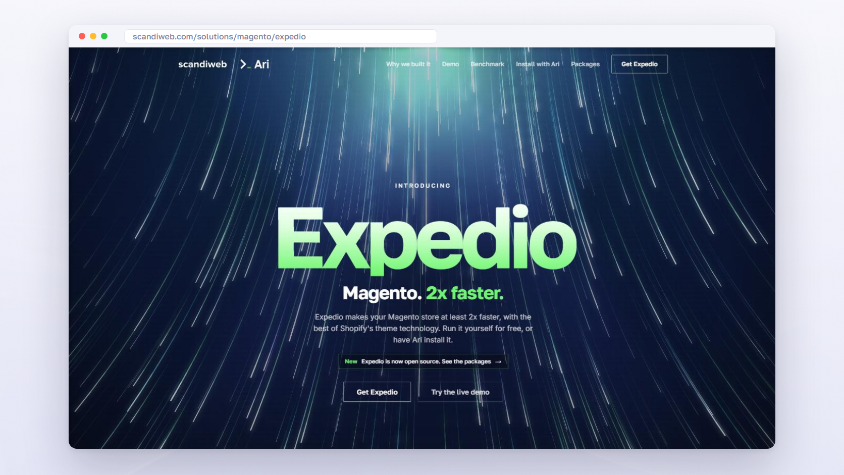 The Expedio page on scandiweb.com with the headline Magento. 2x faster. and buttons to get Expedio or try the demo