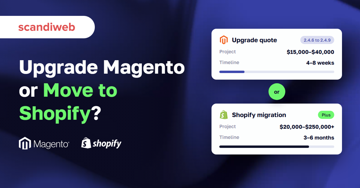 Two cards comparing a Magento upgrade quote with a Shopify migration on project cost and timeline