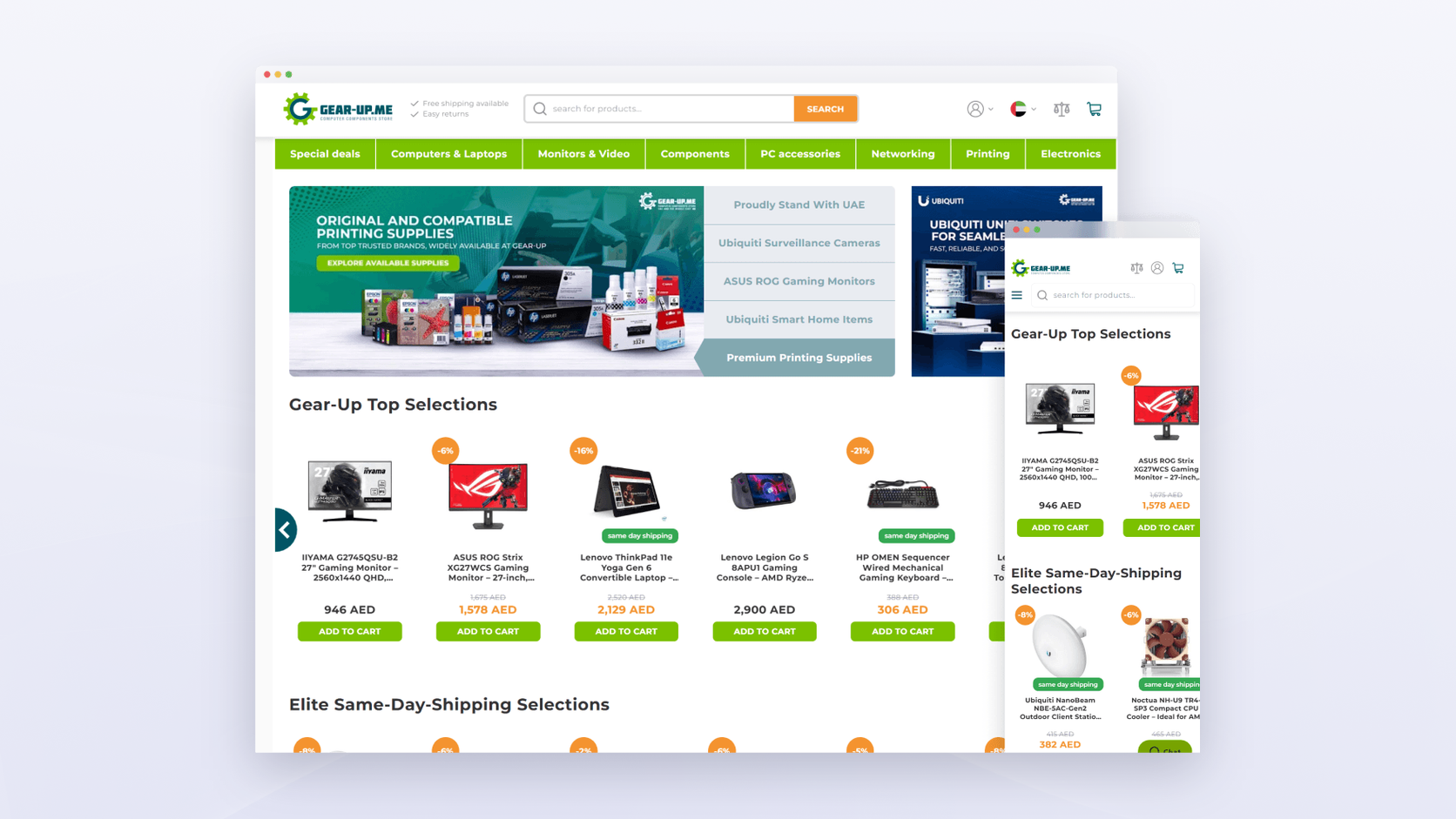 Gear-Up electronics store on Magento 2 and Hyvä shown on desktop and mobile screens