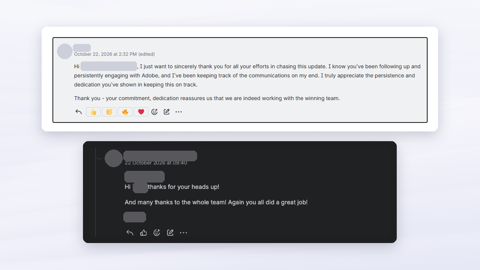 Anonymized client chat messages thanking the team for chasing Adobe and for the early heads-up