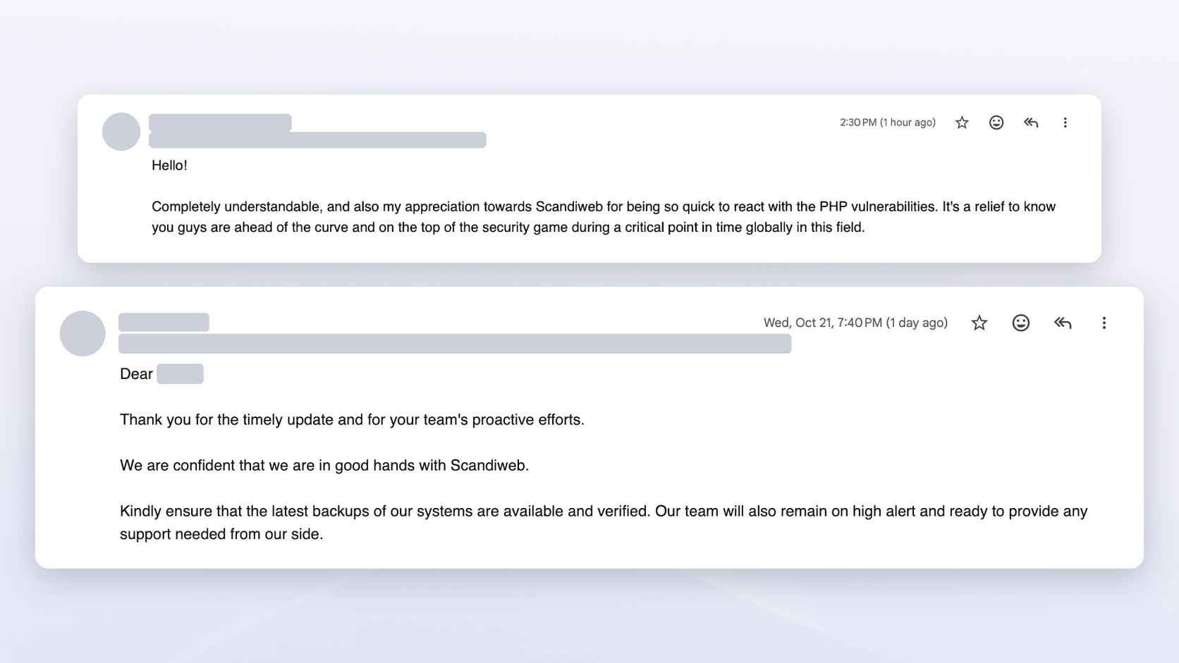 Anonymized client emails thanking the team for a quick reaction to the PHP vulnerabilities and the timely update