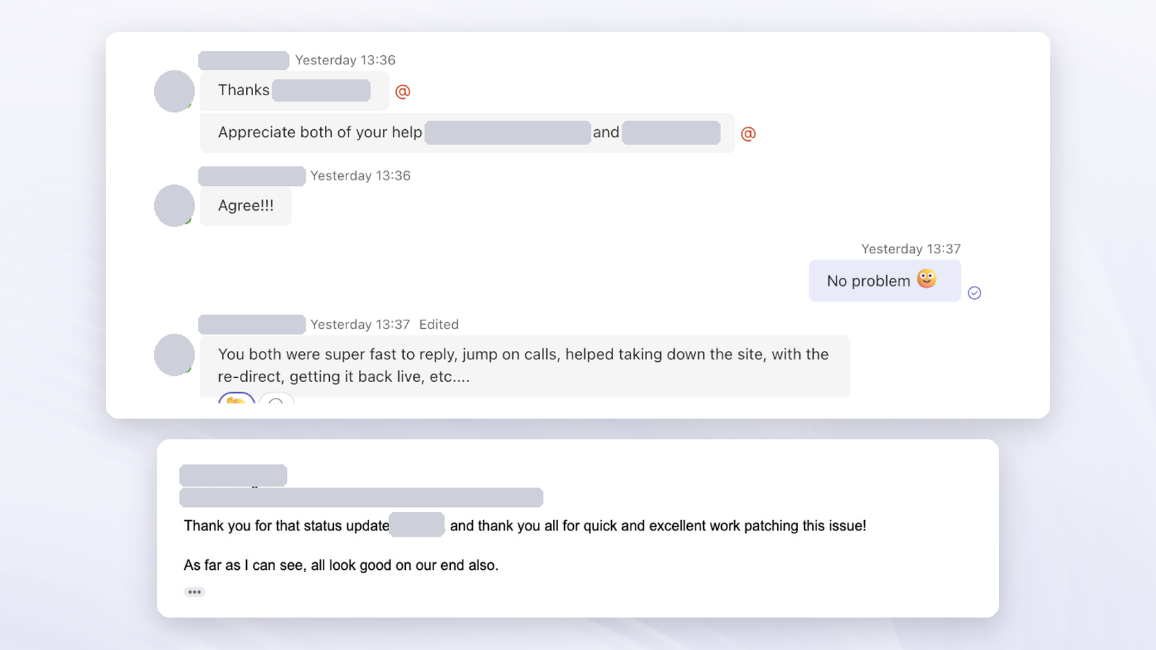 Anonymized client messages about taking the site offline, bringing it back live and confirming the patch worked