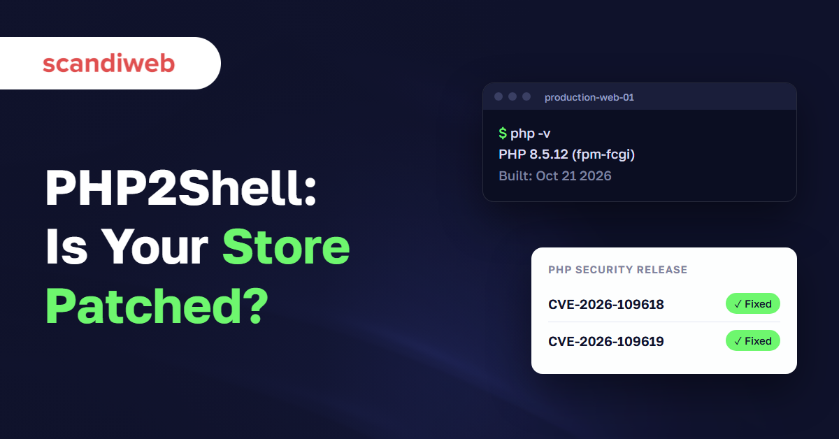 Terminal showing php -v with PHP 8.5.12 and a card marking CVE-2026-109618 and CVE-2026-109619 as fixed