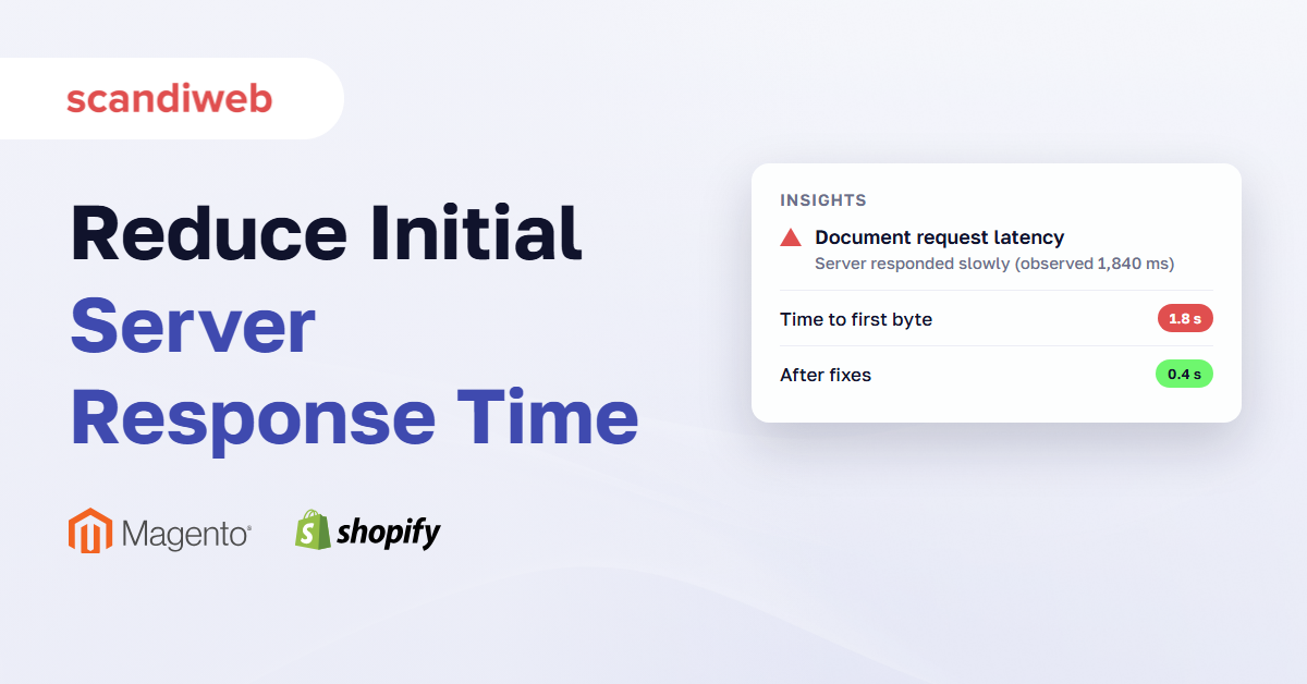 PageSpeed style card flagging slow document request latency, with time to first byte before and after fixes