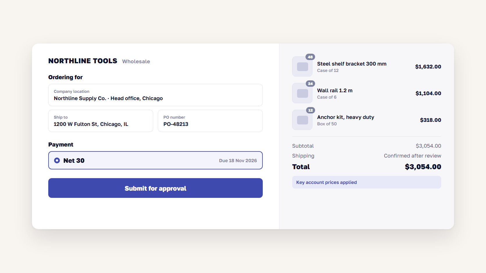 Shopify B2B checkout for a company buyer with a PO number, Net 30 payment terms and a Submit for approval button
