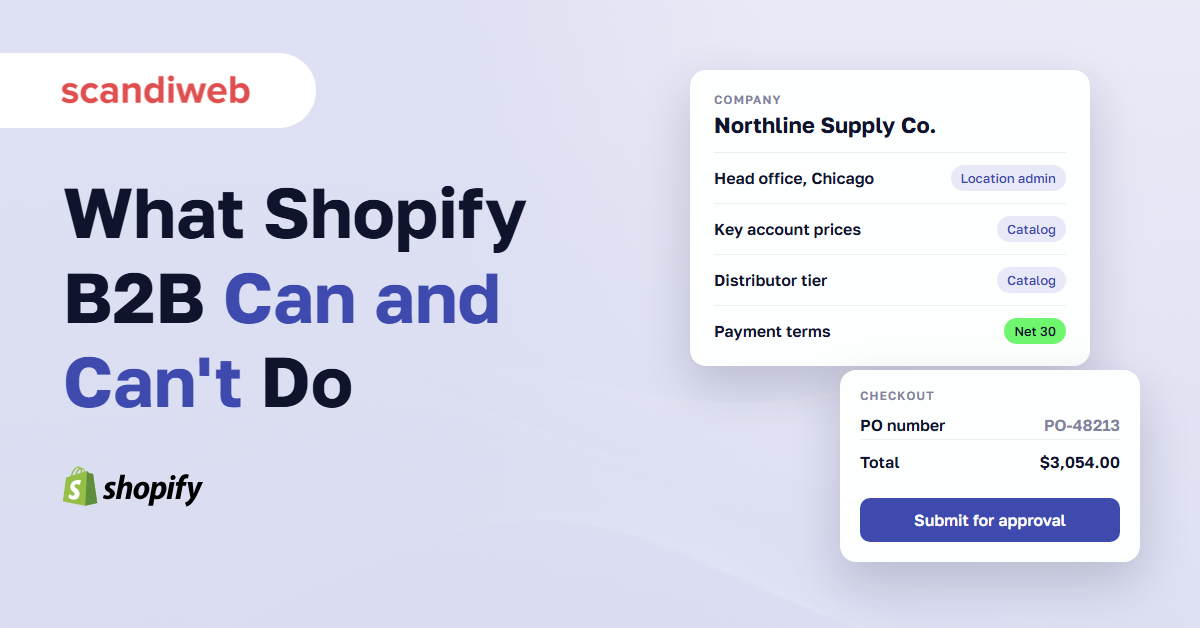 Shopify B2B company record with catalogs and Net 30 terms next to a checkout card with a Submit for approval button