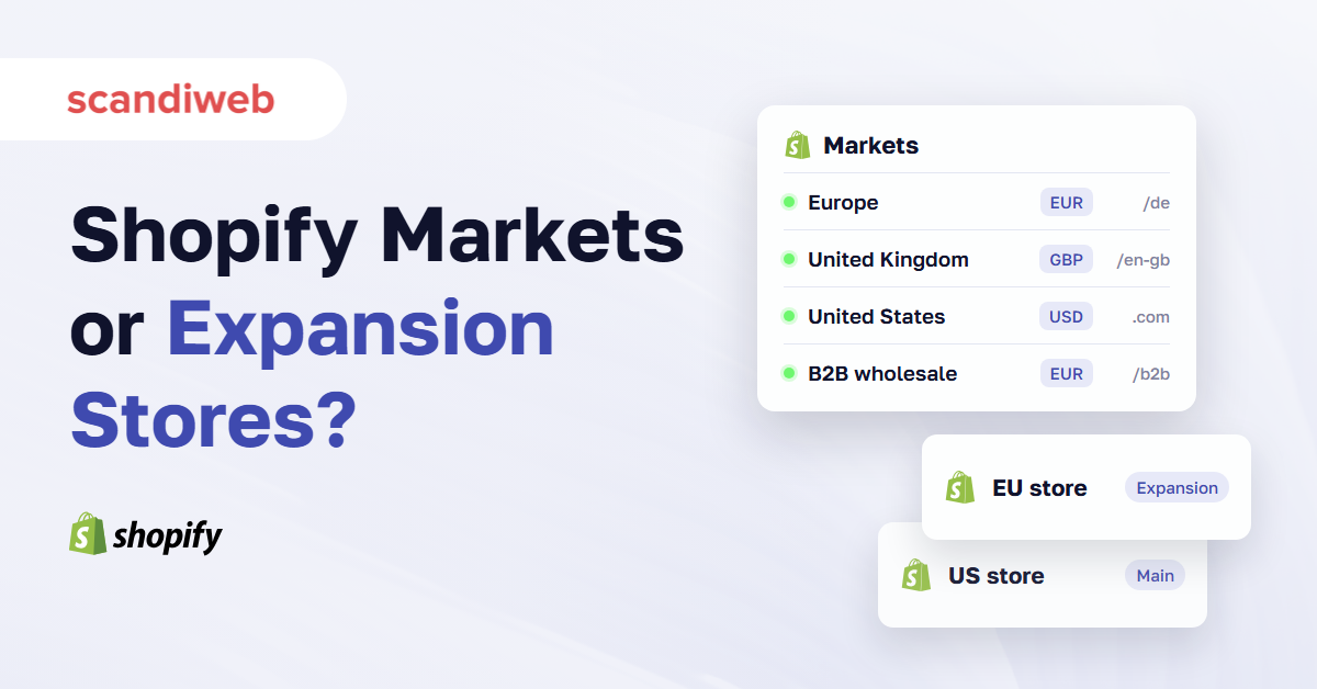 Shopify admin cards comparing one store with several markets against separate expansion stores per region