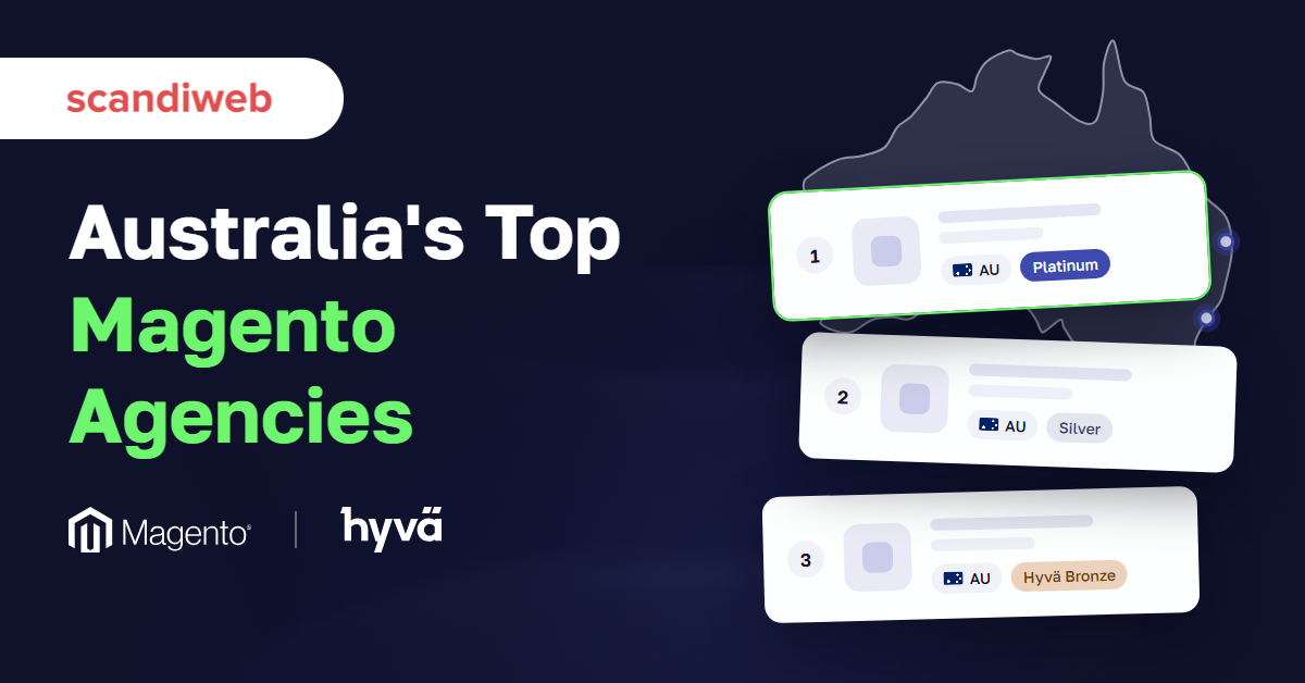 Stacked shortlist cards for Australian Magento agencies with Platinum, Silver and Hyvä Bronze tier chips over an outline map of Australia