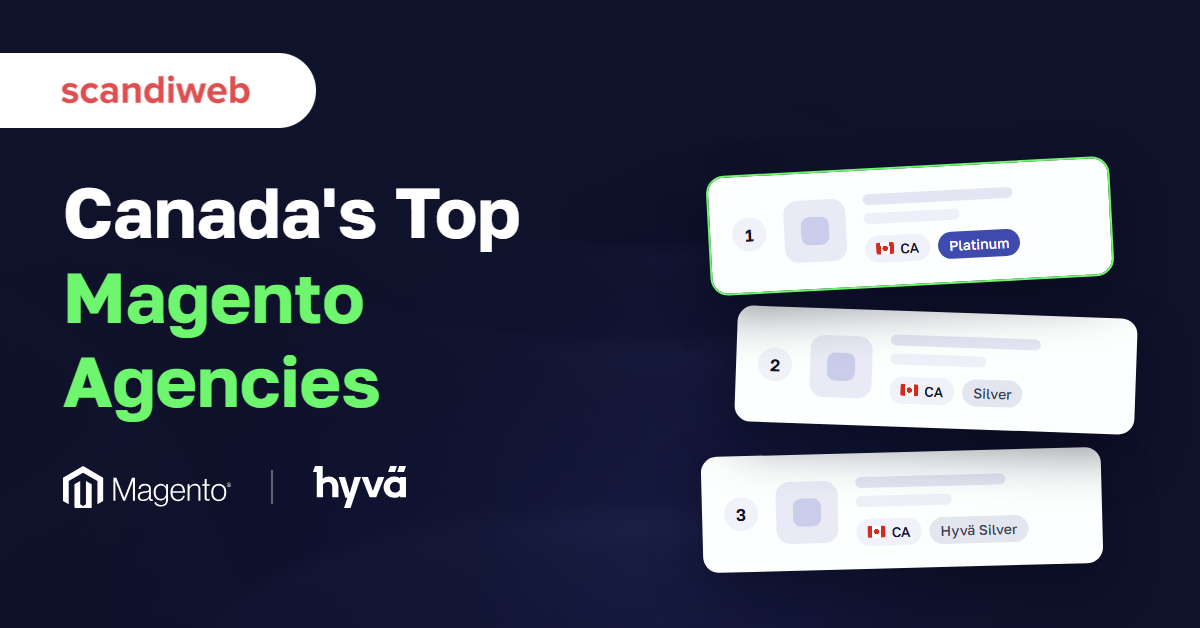 Stacked shortlist cards for Canadian Magento agencies with Platinum, Silver and Hyvä Silver tier chips and Canadian flag tags