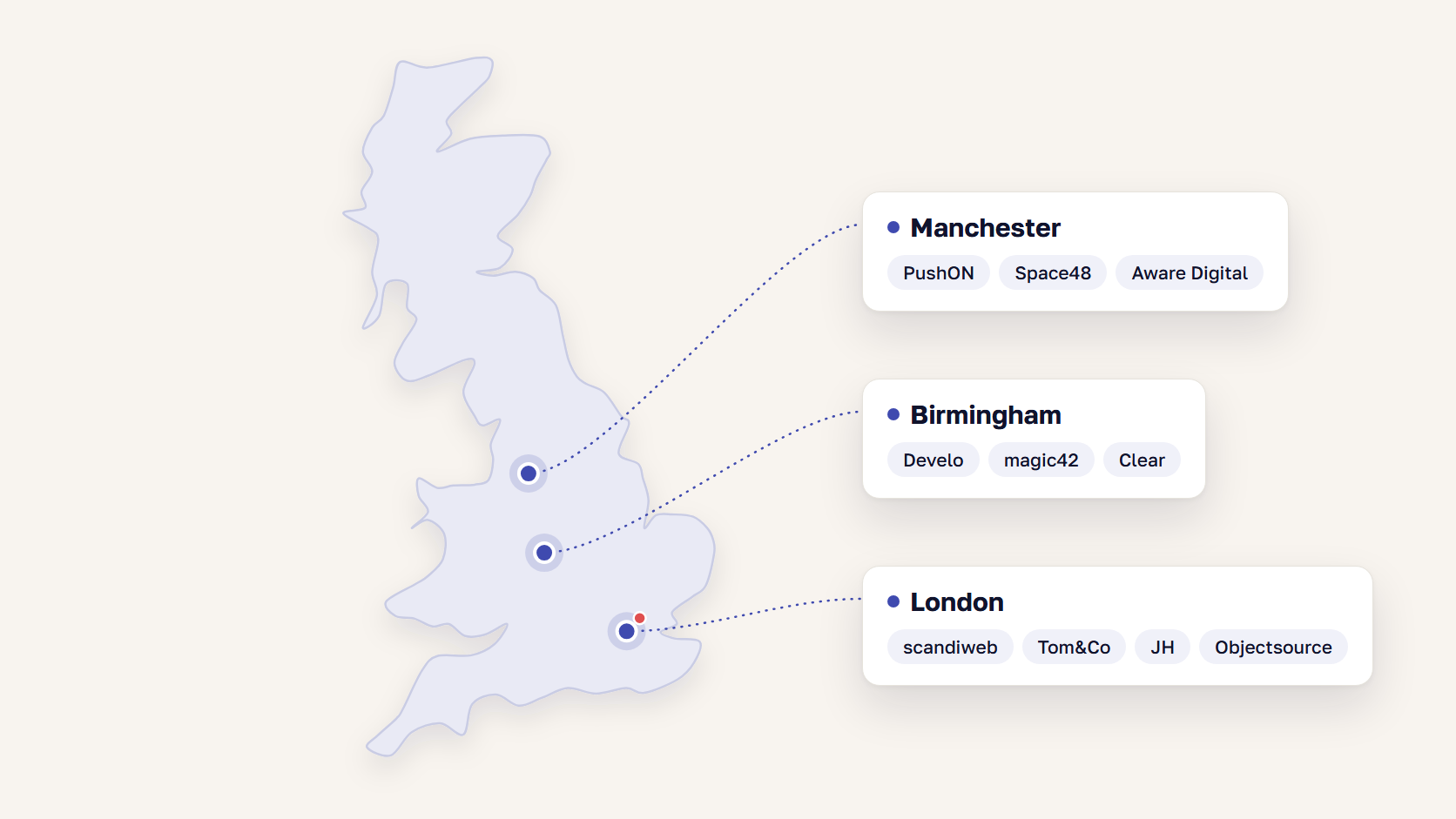 Map of Great Britain marking Magento agency offices in London, Manchester, and Birmingham