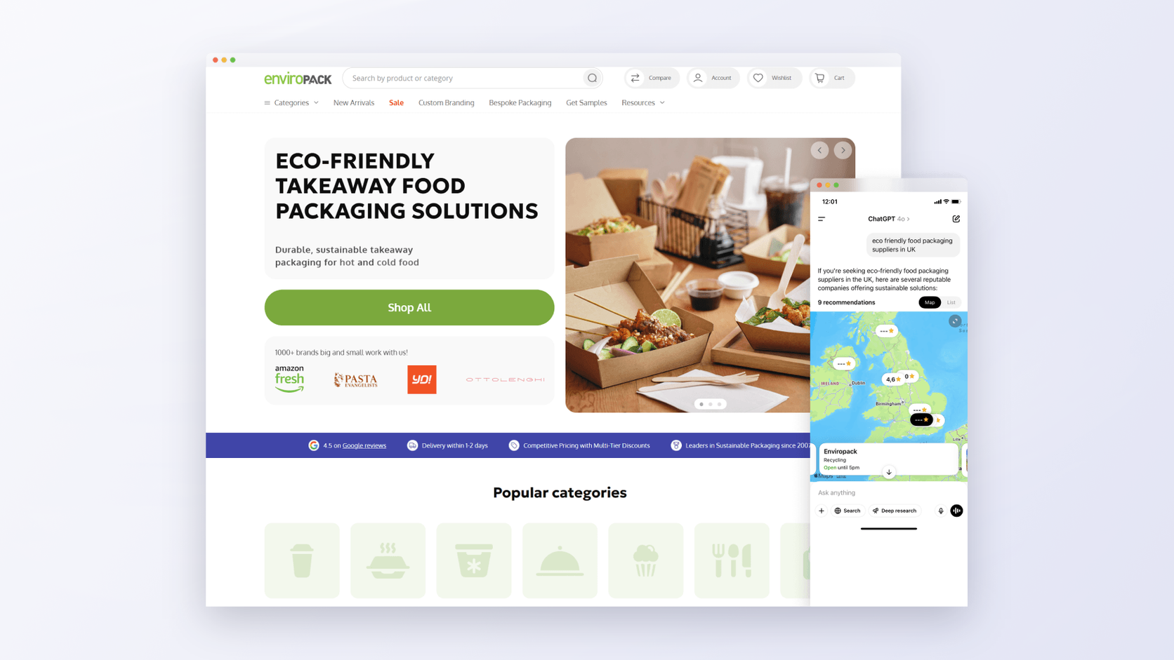 Enviropack eCommerce store on desktop with a ChatGPT answer recommending it as a UK packaging supplier on mobile