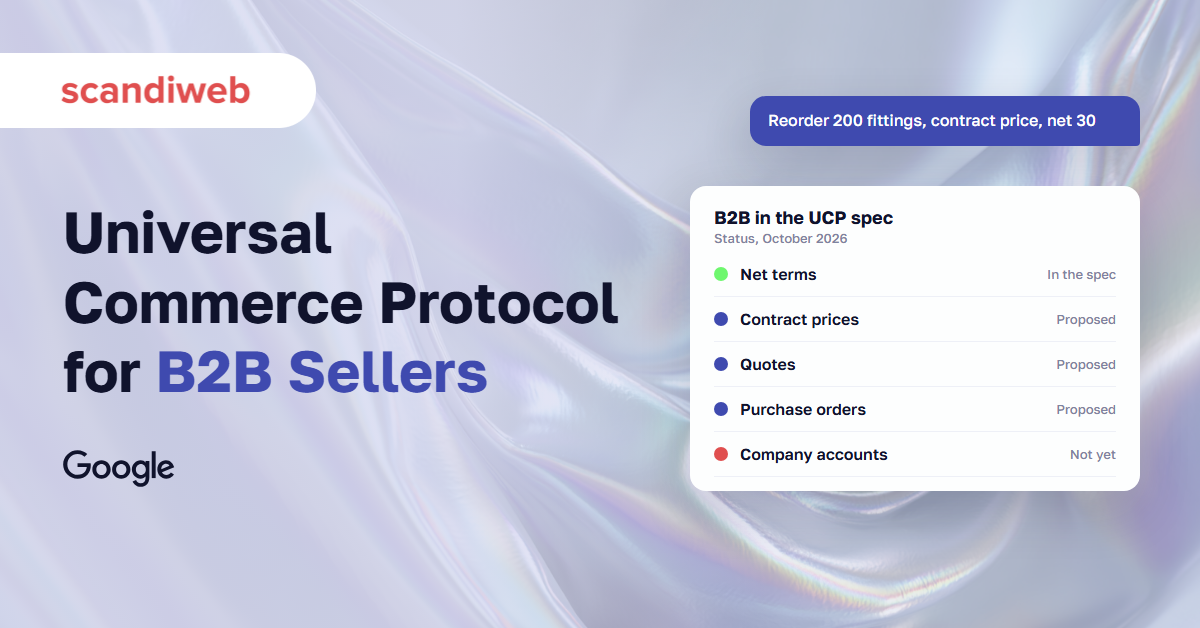 AI agent request to reorder at contract price next to a status card of B2B features in the Universal Commerce Protocol