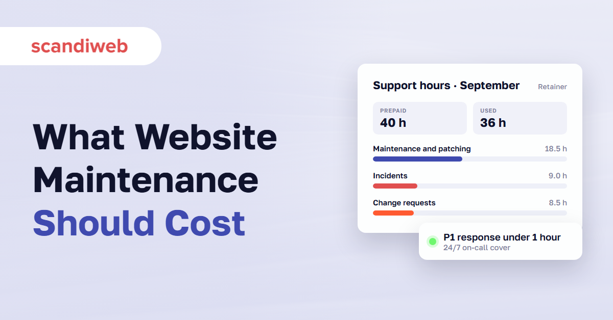 Support hours card split into maintenance, incidents and change requests, with a P1 response badge for 24/7 cover