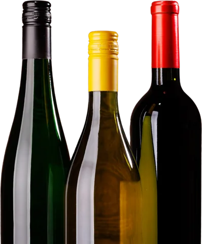 Three wine bottles, green, white, and red