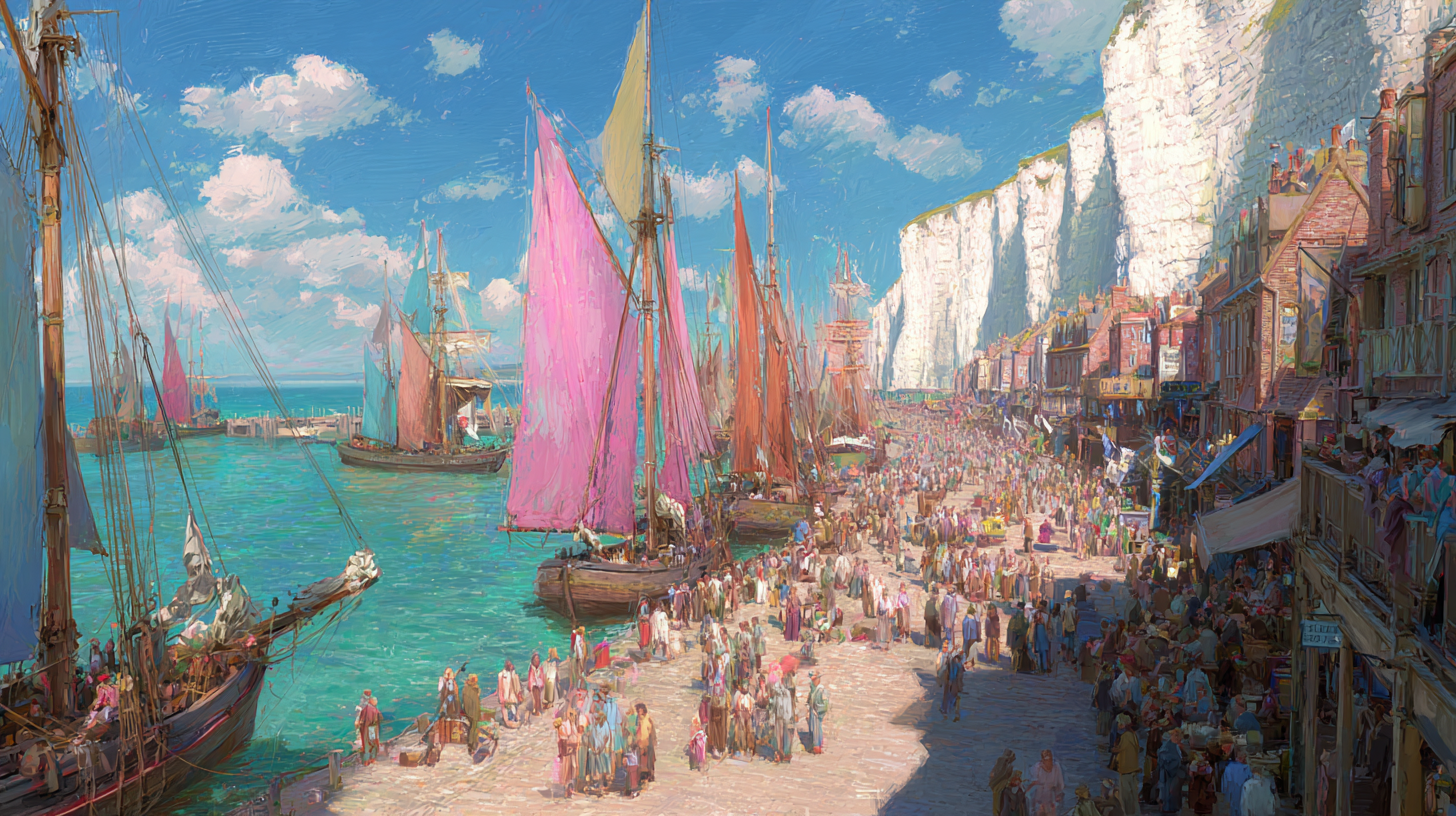 An eighteenth century English coastal port at peak summer with tall ships