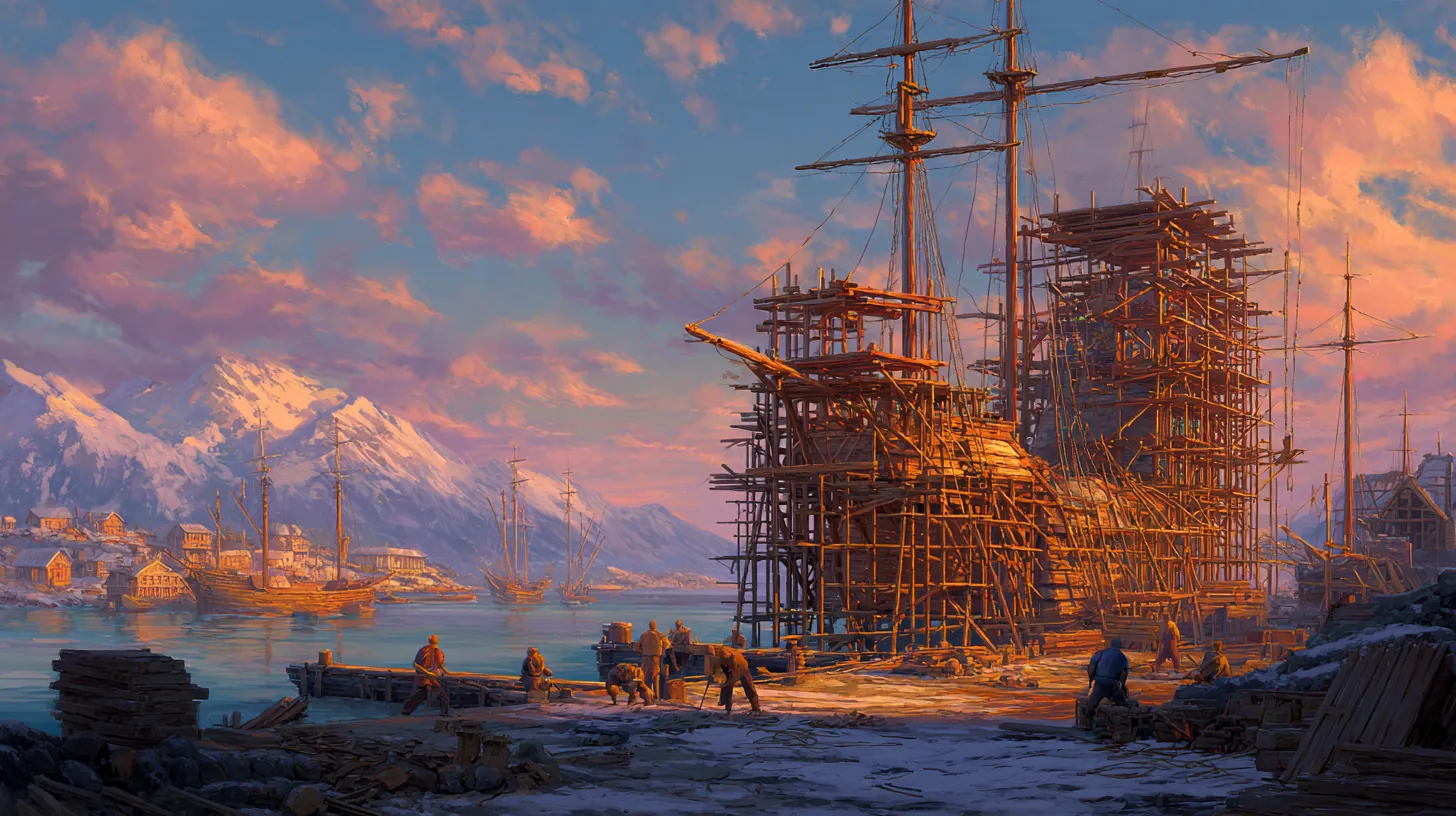 An eighteenth century shipyard at golden hour, carpenters building the wooden hull of a tall ship