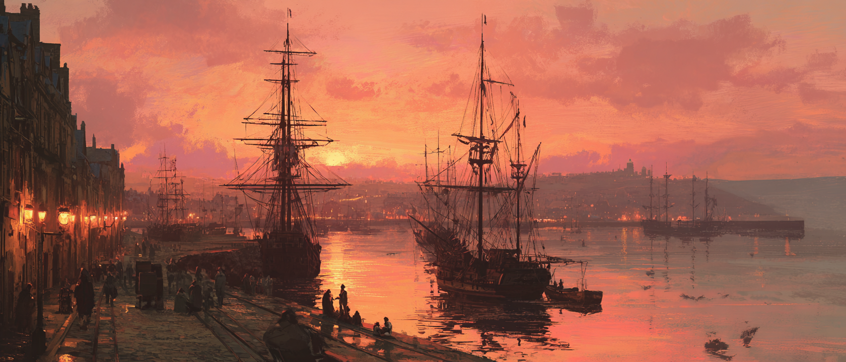 An eighteenth century painting of a calm evening harbor at sunset