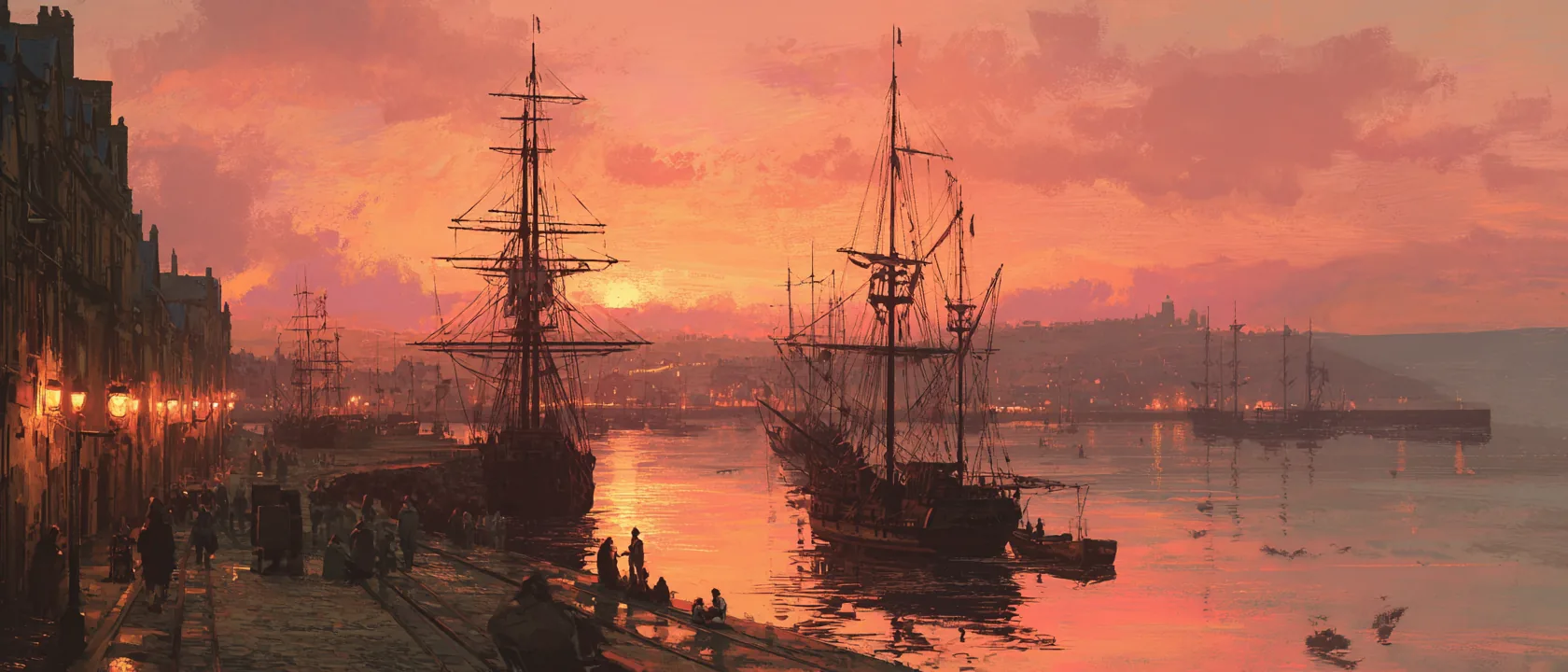 An eighteenth century painting of a calm evening harbor at sunset