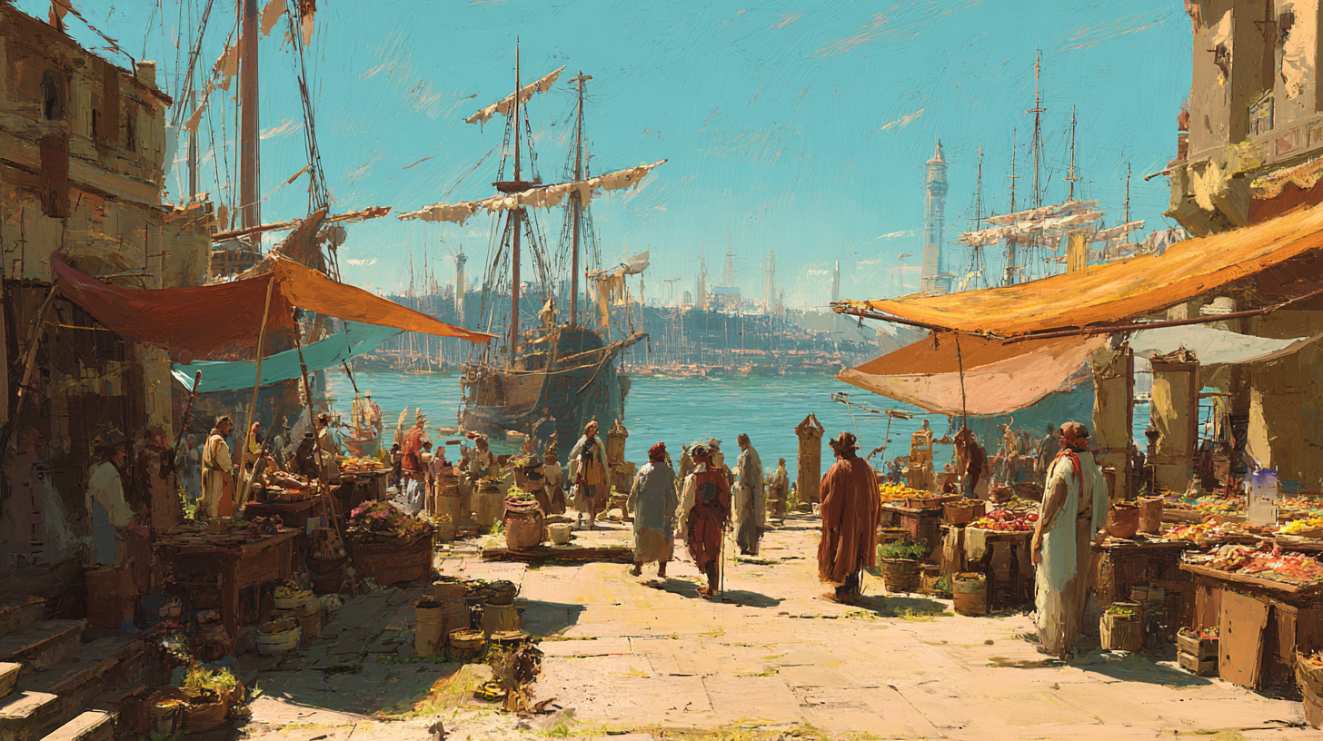 A bustling eighteenth century harbour market at golden hour with merchants unloading goods from tall ships