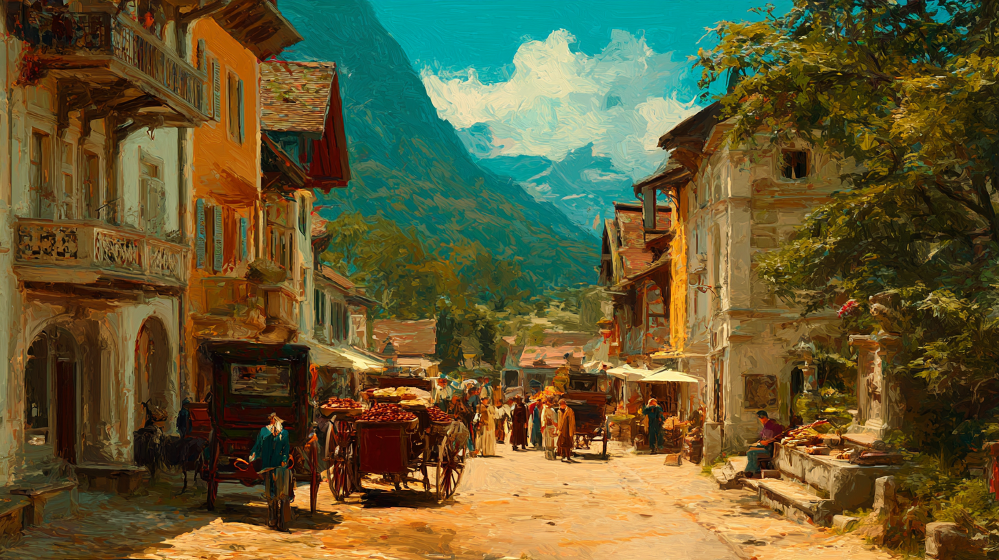 A vibrant alpine village market street with mountains in the background, painted in eighteenth century style