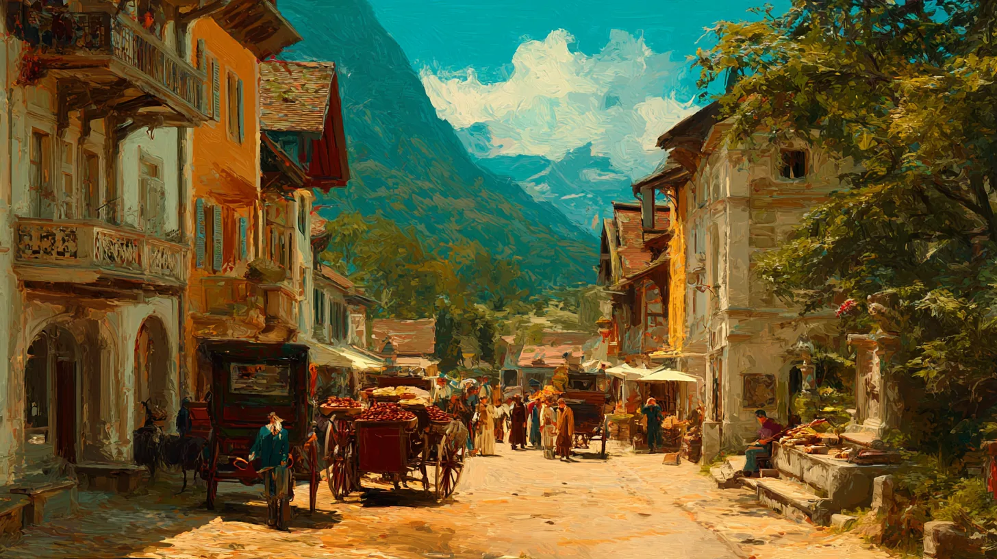 A vibrant alpine village market street with mountains in the background, painted in eighteenth century style
