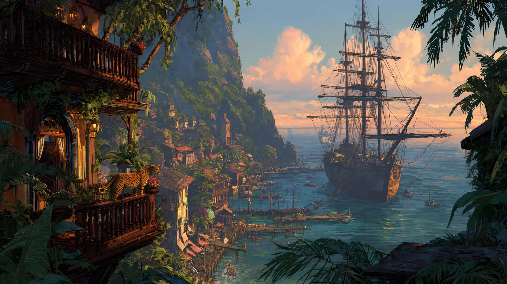A bright harbor at sunrise with a tall ship and a leopard surveying the bay