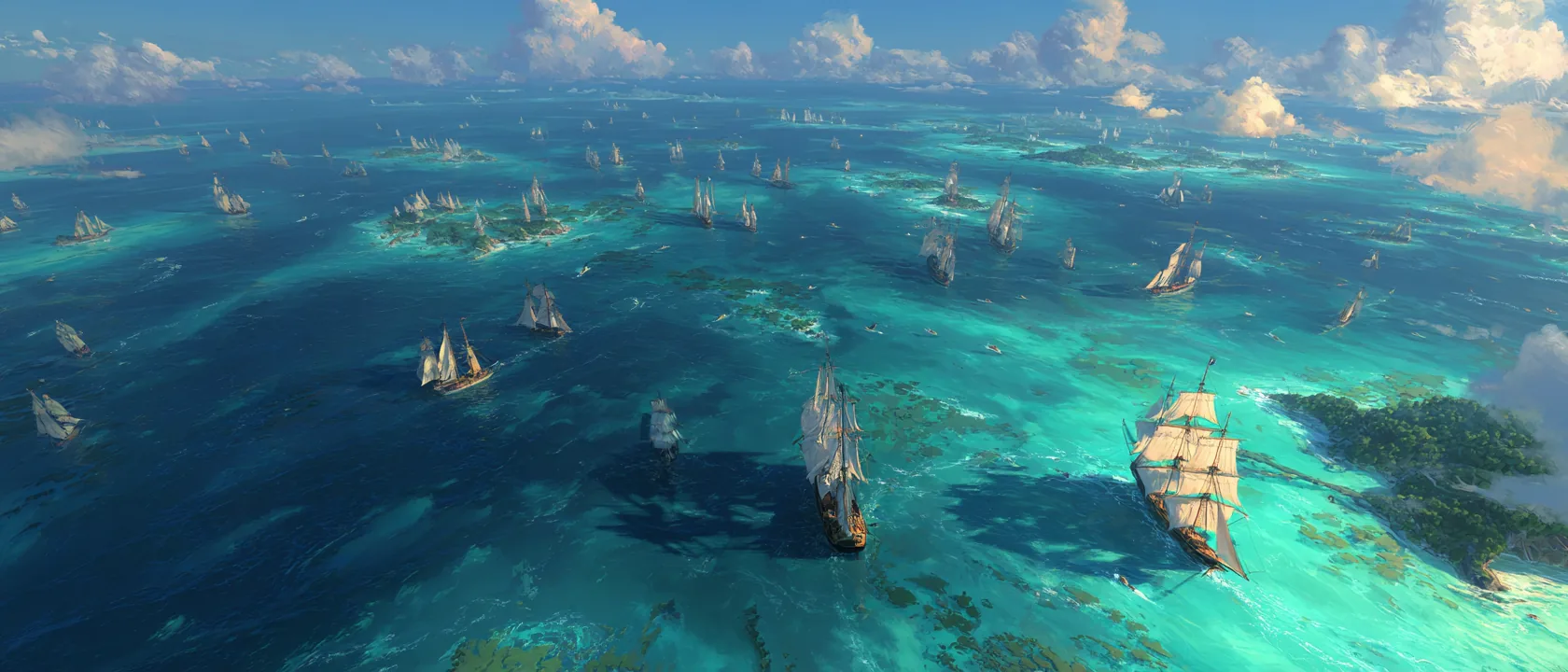 An aerial painterly view of many eighteenth century tall ships sailing across the open ocean in different directions